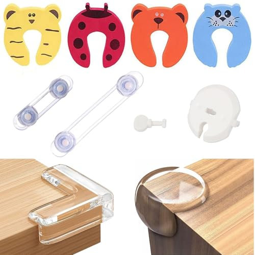 Kit de Seguridad para Bebés, 12 Cerraduras de Seguridad Niños+16 Protectores Esquinas Bebes+ 12 Cubiertas para enchufes+4 Protectores Puertas Bebe