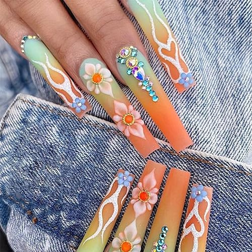 24Pcs Extra Long Press on Nails Coffin Ombre Yellow Fake/False Nails with halloween Flames&Flowers Rhinestones Press ons Designs Acrylic Press on Nails Artificial Nails Stick on Nails For Women Girls
