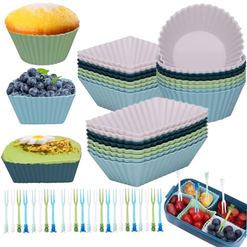 TenMerSly Silikonform Muffins, 24 Stück Wiederverwendbare Muffinförmchen silikon BPA-frei Antihaftbeschichtet, Silikonformen Backförmchen Mit 24 Kuchengabeln für Kuchen Eincreme, mehrfarbig