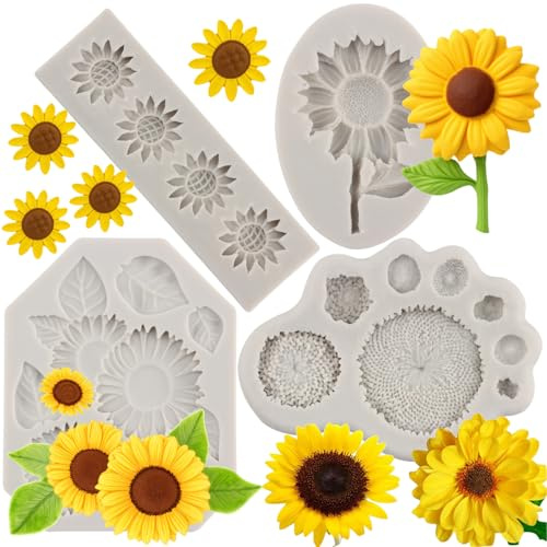 MYPRACS 4 Stück Sonnenblumen Fondantformen Sonnenblumen Staubblatt Silikonform für Kuchendekoration Cupcake Topper Schokolade Süßigkeiten Polymer Ton Gummipaste