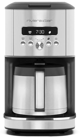 riviera&bar Cafetière Filtre Isotherme - Programmable 1,5L, 950W, Affichage Digital, Départ Différé 24h, Sélecteur d'Arôme, Système Stop-Goutte, Filtre Papier Compatible - Inox