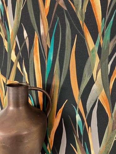 Newroom Vliestapete Schwarz Pflanzen Blätter Wohnzimmer Tapete | Aquarell Gräser Orange Petrol Grau matt, feine Leinenstruktur, Mustertapete Boho tropisch, Schlafzimmer Flur
