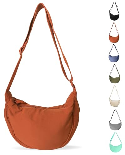 LOCCY Damen Halbmond Crossbody Schultertasche, Hobo Halfmoon Bag Einfarbige Nylon Crossbody Bag Damen Halbmond Schultertasche mit verstellbarer Schultergurt für Frauen Mädchen(Orange)
