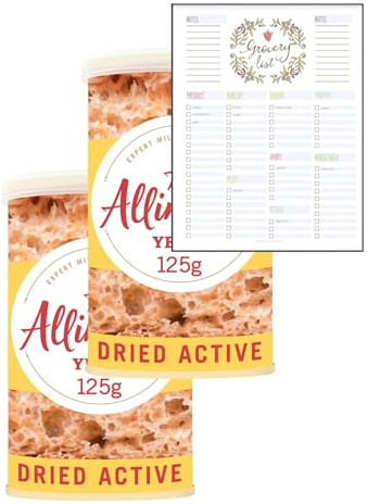 Dried Yeast Bundle which Contains Allinson Dried Active Baking Yeast 125g - Pack of 2 including Grocery List Card