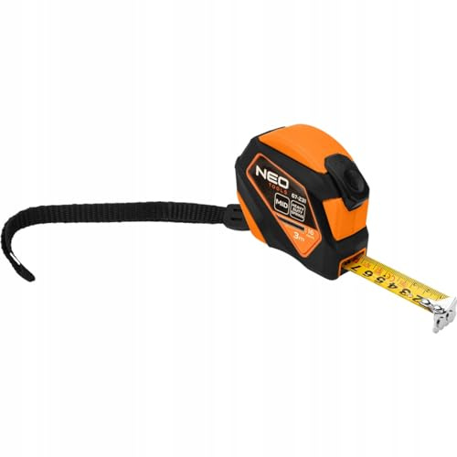 NEO TOOLS Mètre ruban professionnel 3 m - Bande en nylon et acier - Crochets magnétiques - Boutons d'arrêt automatique - Largeur de bande : 16 mm - Précision MID - Boîtier antidérapant - Pince de