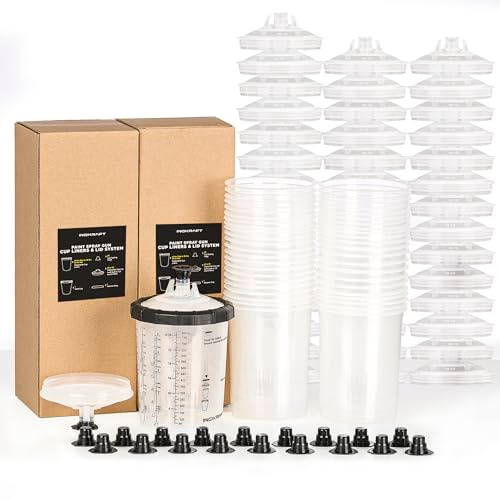 InoKraft Einweg-Farbspritzpistolenbecher, Farbsystem für HVLP- und LVLP-Farbspritzpistolen, Groß 28 Unzen (800 ml) Set mit 45 Bechern und Deckeln, 1 Hartbecher mit Haltering und 20 Verschlussstopfen