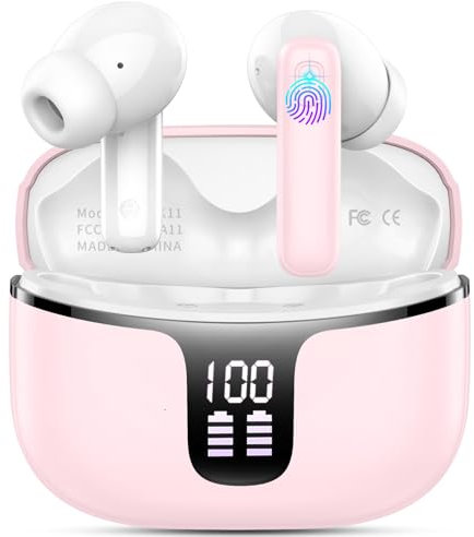Wireless Earbuds, Wireless Headphones Bluetooth 5.3 with 4 ENC Noise Cancelling Mic, 40Hrs Bluetooth Earphones, 14.2mm Drivers In Ear Earbuds, 2024 Deep Bass Stereo Ear Buds IP7 Waterproof/LED Pink