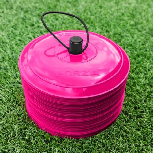 FORZA Nära platta träningsmarkörer [10-pack] | 50-pack med 23 cm breda, ultra-hållbara koner – perfekt för fotboll, rugby, hockey och mer (rosa)