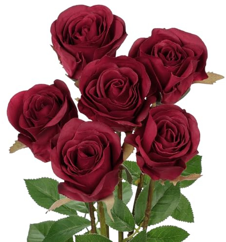 Oairse Juego de 6 rosas artificiales de seda en color burdeos con tallos de 48 cm, rosas de seda realistas, flores falsas, ramo de boda para decoración del hogar, boda, fiesta