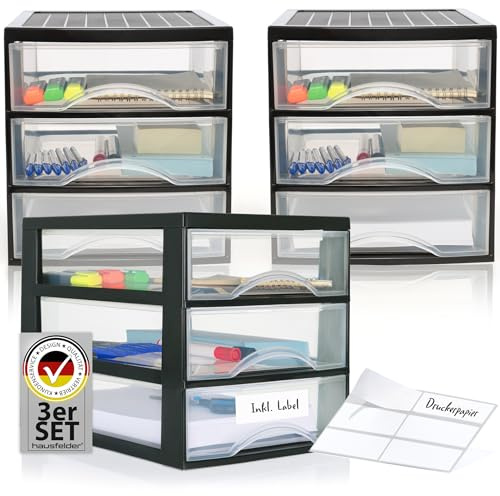 Hausfelder Schubladenbox A4, 3 Stück je 3 Schubladen, Schwarz Transparent
