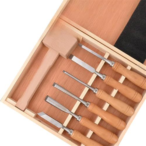 Lot de 7 burins de sculpture sur bois de qualité supérieure avec burins plats incurvés et marteau en bois