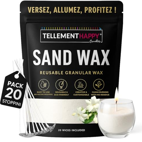 TellementHappy | Cera per Candele in Sabbia 1kg 20 Stoppini Profumo Gelsomino Sand Wax Ecologica e Riutilizzabile | Facile Creazione | Granelli di Cera Vegetale | Perfetto per DIY Candele Artigianali