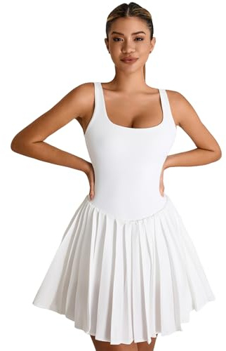 AGYMNX Tenniskleider Damen mit BH und Shorts A-Linie Golf Kleider Gerüschter Puffsaum Ärmellos Sommer Casual Sport Weiß M