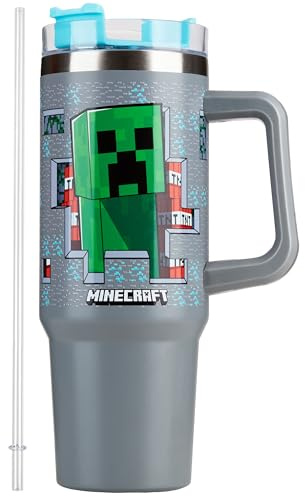 Get Trend Minecraft Thermobecher mit Strohhalm 840ml, Tumbler Cup Kinder Trinkbecher mit Griff, Edelstahl Thermo Trinkflasche, Heiße & kalte Getränke (Grau Minecraft)