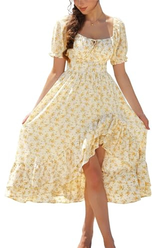 SCARLET DARKNESS Abito da donna vittoriano floreale con maniche a sbuffo punto smock scollo quadrato estivo corsetto, Motivo floreale giallo., L