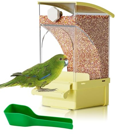 Hamiledyi Automatic Bird Feeder No Mess Bird Cage Feeder Transparent Acrylic Parrot Seed Food Container with Perch Cage Accessories for Parakeet Finch Lovebirds Budgies Canary (Yellow)