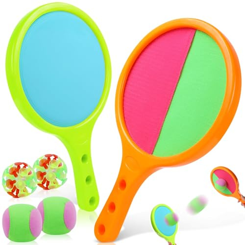 Cattura Racchette Palline Set Racchettoni Giochi Spiaggia Toss e Cattura Gioco Della Palla Racchette con Pallina Che Si Attacca Bambini Catch Ball e Toss Game con 2 Pagaie e 4 (Arancione, verde)