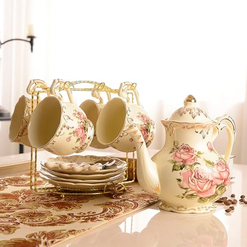 Vintage Coffee Cup Saucer Set, Hand Painted Porcelain European Afternoon Tea Set,British Coffee Cups& Saucer Service for 4 Tea Spoon Teapot Metal