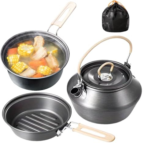 Menaje de Acampada - Juego de Cocina con Sartenes y para Camping - Equipo de Exteriores Ollas para Guisar Senderismo Familiar Supervivencia