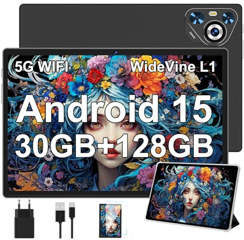 Dghrti Tablet 30GB RAM 128GB ROM+(TF 2TB Espandibile), 10 Pollici+8000mAh, WIFI 5G/ BT5.0/ OTG/Camera 5+8 MP, Widevine L1, Certificazione GMS, Tablets Corpo in Metallo con Custodia Protettiva -Nera