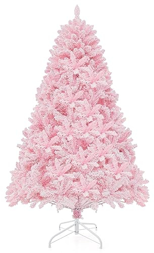 FANTASK 180 cm Künstlicher Weihnachtsbaum mit Schnee, Tannenbaum LED mit 8 Lichtmodi & Metallständer, beleuchteter Christbaum mit bunten Lichtern für Zuhause Büro Geschäfte (Rosa)