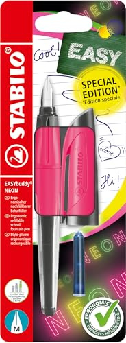 STABILO EASYbuddy NEON - Ergonomic School Fountain Pen - M-Nib (Medium) - Right-Handed - Pack of 1 - Neon Pink including Blue Ink Cartridge