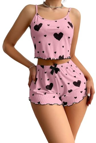 Gatamiau Women’s 2 Pieces Heart Print Summer Pajama Set Scoop Neck Sleeveless Cami Tops + Shorts, Sexy Sleepwear PJ Set Soft Loungewear Nightwear (UK, Alpha, M, Regular, Regular, Pink+Black)