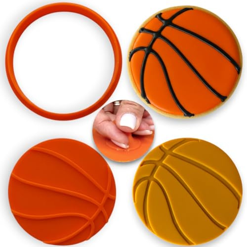 Premium Swish Basketball Textured Cookie Cutter 3 Inch – 2-in-1 Cutter & Stamp with Handle – Dishwasher Safe, Durable & Easy Care