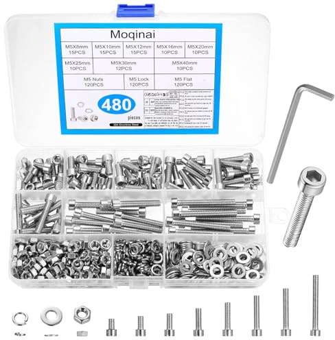 480 Pcs M5 Screw Set, Stainless Steel Socket Head Cap Screws and Nuts Kit, Machine Screws with Flat & Spring Washers, Metric Bolt and Nut Assortment for Machinery, Furniture & DIY