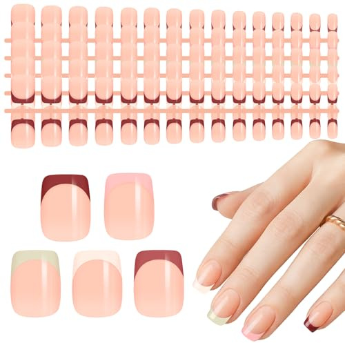Kiiwah 150 Piezas Uñas Postizas Francesas, Cortas Cuadradas Uñas Postizas 5 Colores Cubierta Completa Press On Uñas para Mujeres y Niñas, 15 Tamaños (Corto)