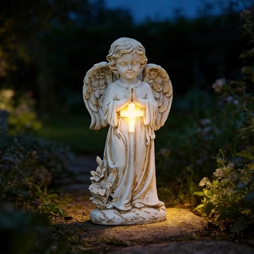 SKIKHN Solar Engel Gartenstatuen, 30.5cm LED-Schutzengel-Figur, Wetterfest Gebetsengel Solarleuchte, Solar Engel Figur, Geeignet für Gärten, Rasenflächen, Innenhöfe, Terrassen, Friedhof