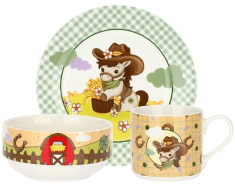 THUN Set 3 Pezzi Porcellana da Tavola Dolce Fattoria, Multicolore, Decorazioni Campagna