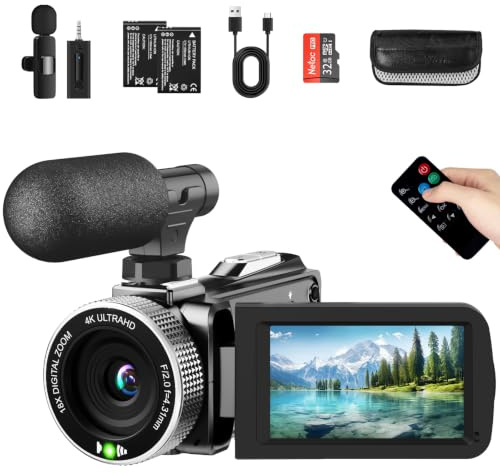 Weochi 4K UHD Video Camera Camcorder 48MP 60FPS for YouTube Vlogging with 18X Digital Zoom, 3 Inch IPS 270 Degree Flip Screen, Wireless Lavalier Microphone, 32GB SD Card, 2 Batteries, Remote Control