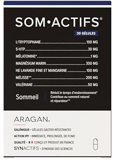 Somactifs - Complement Alimentaire Sommeil Adulte - Melatonine, Magnésium Marin, Valériane, Huiles Essentielles - Aragan - 30 Gélules