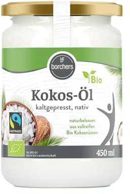 BORCHERS Kokos-Öl Bio Fairtrade 450ml, kaltgepresst, nativ, als vollreifen Kokosnüssen in Bio-Qualität, 100% rein, im Glas, zum Kochen