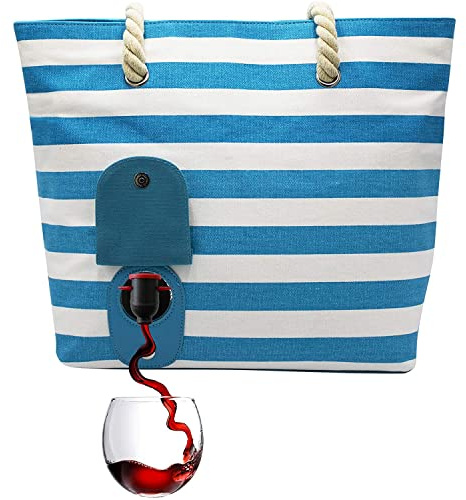 PortoVino Tote Beach Bag - Canvas Wine Purse with Hidden Spout and Dispenser Flask for Wine Lovers that Holds and Pours 2 bottles of Wine! Traveling, Concerts, Bachelorette Party - Turquoise/White