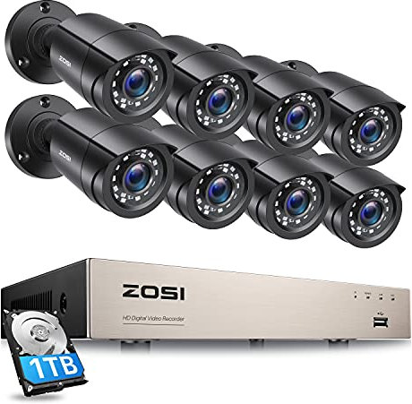 ZOSI 8CH Home Security Camera System Outdoor with 1TB Hard Drive,H.265+ 5MP Lite CCTV DVR,8pcs Weatherproof Surveillance Cameras,80ft Night Vision,Motion Alert,Remote Access for 24/7 Recording