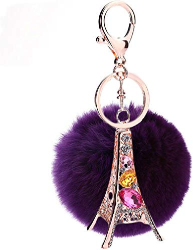 Strass bommel Keychain mit Glitzer Eisenturm Anhänger Schlüsselanhänger plüsch Ball Taschenanhänger Elegant Plüsch-Kugel Handtasche Dekor Auto-Anhänger Pompom Schlüsselring (Lila)