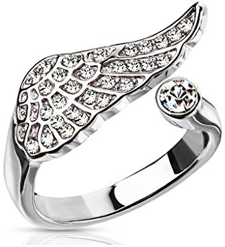 Paula & Fritz® Ring Damen Verstellbar Engelsflügel Zirkonia Klar 925 Silber Überzug 316L Chirurgenstahl Zehenring Mittelring Offen Einstellbarer-Ring