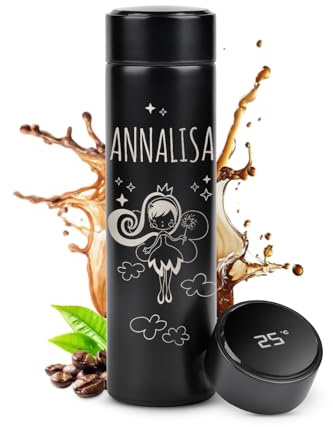 Maverton Thermos per Tè e Caffè, 450 ml, incisione personalizzata | acciaio inossidabile, 100% a prova di perdite, indicatore di temperatura, regalo Donna, fatina