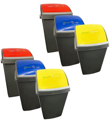 Pluto Packaging Grey 50L Commercial Waste Utility Recycling Bins Set Of 3 | With Colour Coded Swing Lids Blue, Red & Yellow