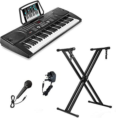 61 Key Electronic Keyboard Digital Piano Workstation MP3 Music Instrument With Microphone + Keyboard Stand - Black (With Double Braced Stand)