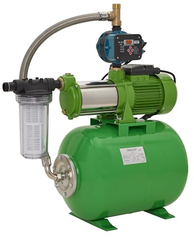 CHM GmbH® Hauswasserwerk 100 Liter, 6,5 Bar, 10.000 L/h Gartenpumpe Edelstahl + el. einstellbare Pumpensteuerung (LED Display) mit Trockenlaufschutz