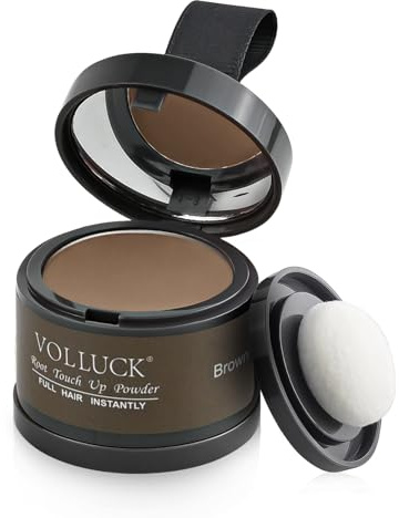 VOLLUCK Root Touch up Powder, Instant Hairline Powder for Thinning Areas and Gray Hair Coverage, Natural and Non-greasy Root Cover up for Women and Men (Brown, 0.14 Ounce)