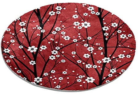 Runder Teppich Schlafzimmer Teppich Shaggy Weiche Stuhlmatte Waschbar Fußmatte Kirschbaum Äste Weiß Kleine Blumen Rot