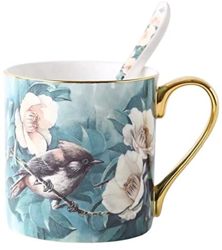 YBK Tech Bone China Porzellan Teetasse, 340 ml Kaffeetasse für Zuhause, Küche, Büro - Vogelmuster (Türkis/Grün)
