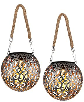 Solarlaternen 2er SET zum Aufhängen, Leuchtkugeln Metall Silber Antik Ø12cm
