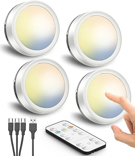 Spot LED Rechargeable USB avec Télécommande, Batterie de 1600mAh Eclairage Vitrine LED Sans Fil Lampe Placard a Pile Lumiere Cuisine Sous Meuble Autocollant Veilleuse Tactile pour Armoire Dressing