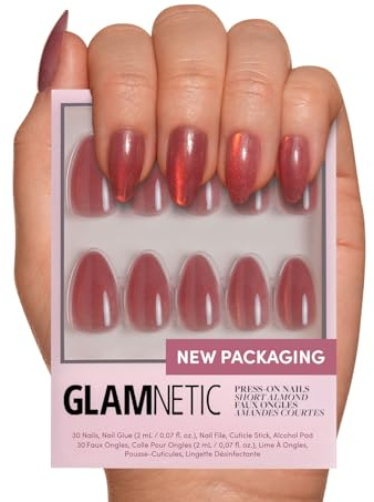 Glamnetic Press On Nails - Rose | Short Almond Rosy-Pink Nails with a Mesmerizing Metallic Finish | 15 Sizes - 30 Nail Kit with Glue