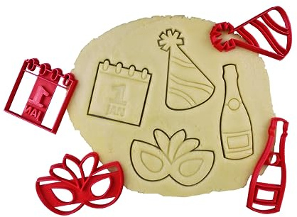 3DKOUPE - Stampini per biscotti Capodanno - Confezione da 4 - Bottiglia di champagne, cappello da festa, calendario, maschera di carnevale - Colore a scelta - Progettato e realizzato in Europa